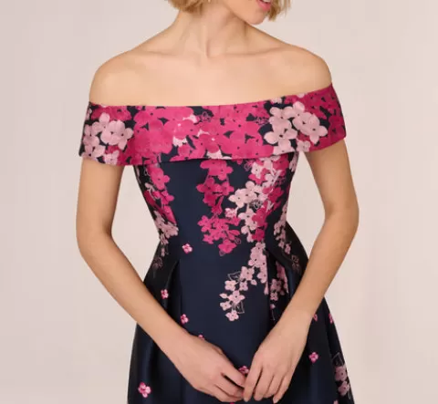 Adrianna Papell Floral Jacquard Ankle Length Dress With Off The Shoulder Neckline In Navy Pink Multi NAVY-PINKMULTI Shop