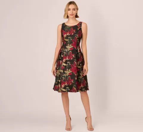 Adrianna Papell Floral Jacquard Fit And Flare Dress In Black Red BLACK-RED Store