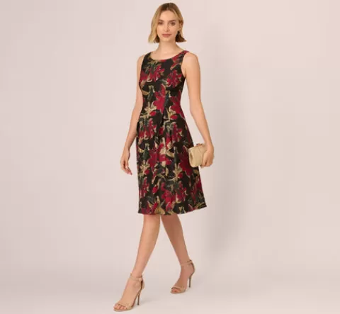 Adrianna Papell Floral Jacquard Fit And Flare Dress In Black Red BLACK-RED Store
