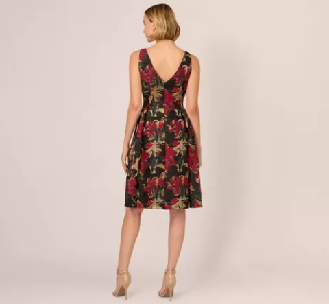 Adrianna Papell Floral Jacquard Fit And Flare Dress In Black Red BLACK-RED Store