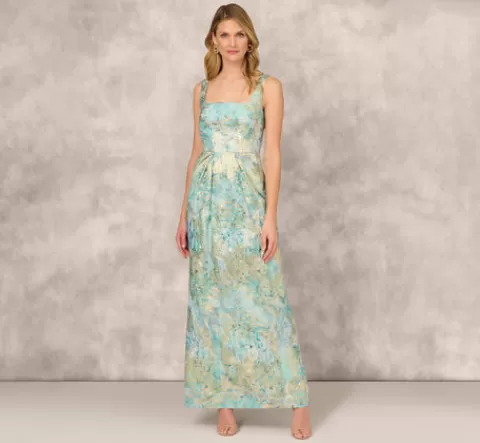 Adrianna Papell Floral Jacquard Gown With Pleated Waist In Green Multi GREENMULTI Store
