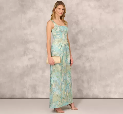 Adrianna Papell Floral Jacquard Gown With Pleated Waist In Green Multi GREENMULTI Store