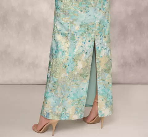 Adrianna Papell Floral Jacquard Gown With Pleated Waist In Green Multi GREENMULTI Store