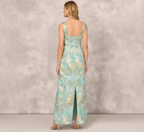 Adrianna Papell Floral Jacquard Gown With Pleated Waist In Green Multi GREENMULTI Store