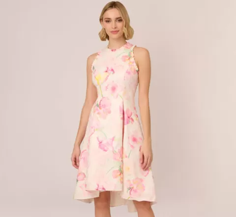 Adrianna Papell Floral Jacquard High Low Halter Dress With Ruffle Trim In Pink Multi PINKMULTI Cheap