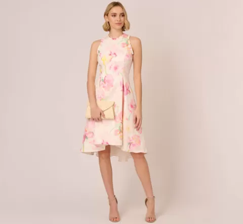 Adrianna Papell Floral Jacquard High Low Halter Dress With Ruffle Trim In Pink Multi PINKMULTI Cheap