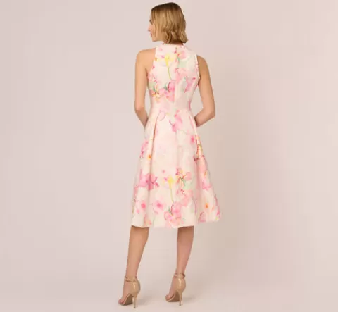 Adrianna Papell Floral Jacquard High Low Halter Dress With Ruffle Trim In Pink Multi PINKMULTI Cheap