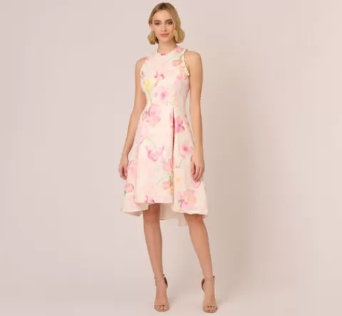 Adrianna Papell Floral Jacquard High Low Halter Dress With Ruffle Trim In Pink Multi PINKMULTI Cheap