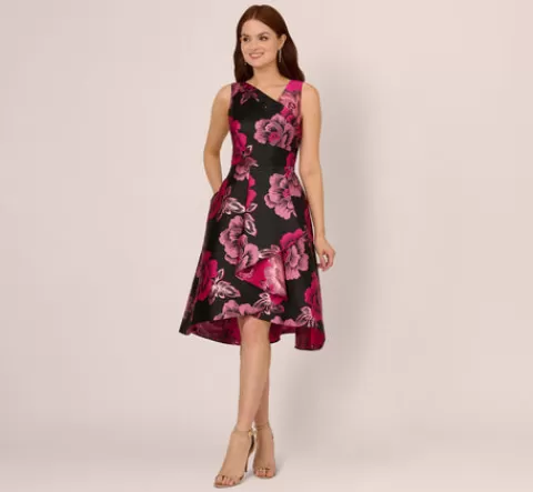 Adrianna Papell Floral Jacquard High Low Midi Dress With Asymmetrical Neckline In Black Pink BLACK-PINK Best Sale