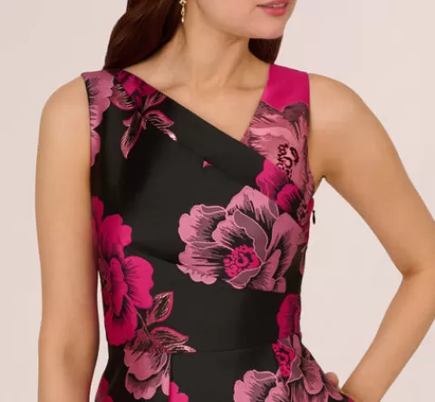 Adrianna Papell Floral Jacquard High Low Midi Dress With Asymmetrical Neckline In Black Pink BLACK-PINK Best Sale