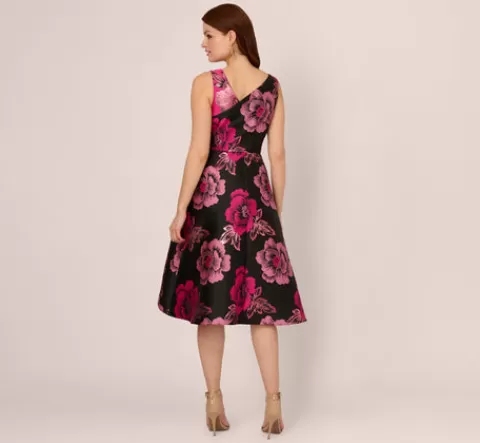 Adrianna Papell Floral Jacquard High Low Midi Dress With Asymmetrical Neckline In Black Pink BLACK-PINK Best Sale