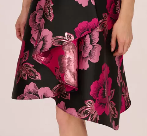 Adrianna Papell Floral Jacquard High Low Midi Dress With Asymmetrical Neckline In Black Pink BLACK-PINK Best Sale
