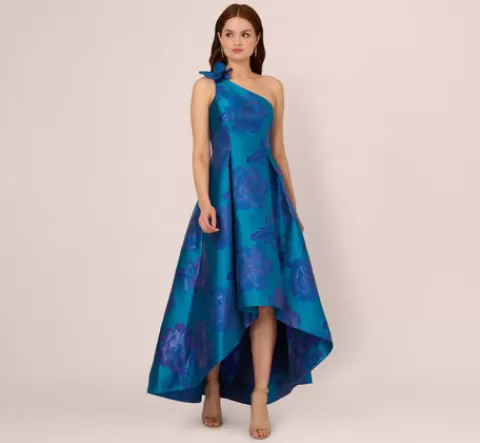 Adrianna Papell Floral Jacquard One Shoulder High Low Gown With Rosette Accent In Teal Blue TEAL-BLUE Shop