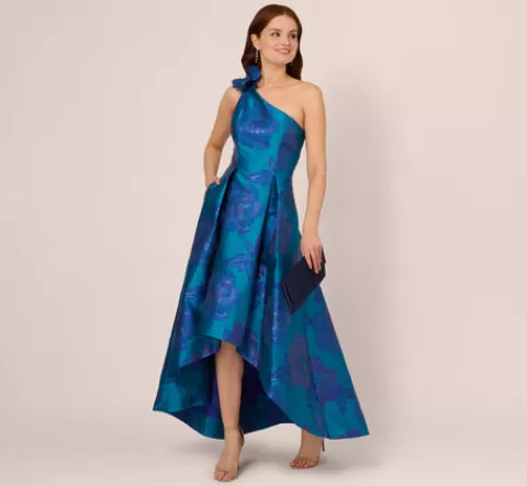 Adrianna Papell Floral Jacquard One Shoulder High Low Gown With Rosette Accent In Teal Blue TEAL-BLUE Shop
