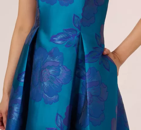 Adrianna Papell Floral Jacquard One Shoulder High Low Gown With Rosette Accent In Teal Blue TEAL-BLUE Shop