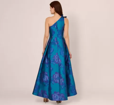 Adrianna Papell Floral Jacquard One Shoulder High Low Gown With Rosette Accent In Teal Blue TEAL-BLUE Shop