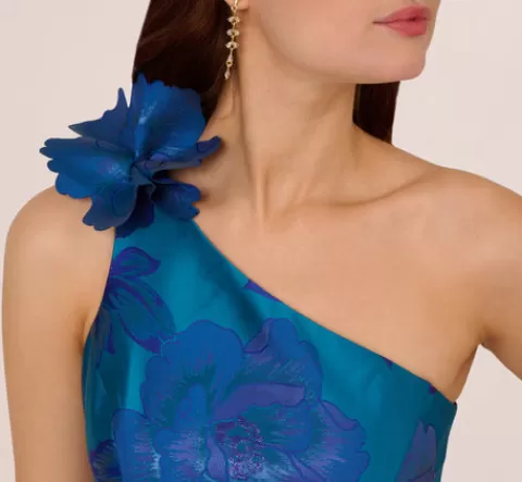 Adrianna Papell Floral Jacquard One Shoulder High Low Gown With Rosette Accent In Teal Blue TEAL-BLUE Shop