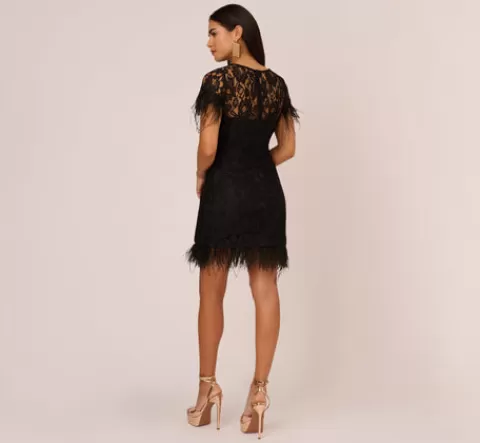 Adrianna Papell Floral Lace And Feather Trimmed Short Sheath Cocktail Dress In BLACK Clearance