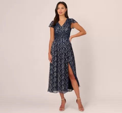 Adrianna Papell Floral Metallic Crinkle Ankle Length Dress With Flutter Sleeves In Navy Silver NAVY-SILVER Cheap