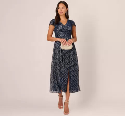 Adrianna Papell Floral Metallic Crinkle Ankle Length Dress With Flutter Sleeves In Navy Silver NAVY-SILVER Cheap