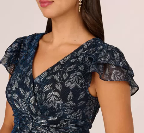 Adrianna Papell Floral Metallic Crinkle Ankle Length Dress With Flutter Sleeves In Navy Silver NAVY-SILVER Cheap