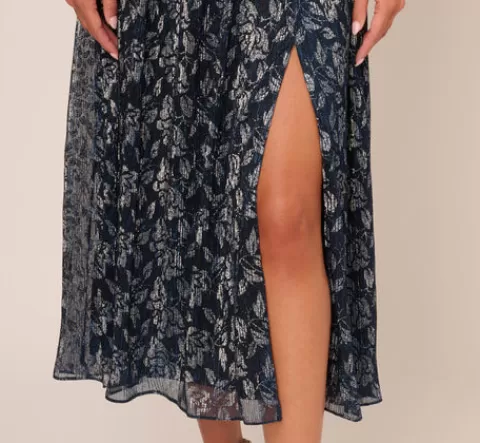 Adrianna Papell Floral Metallic Crinkle Ankle Length Dress With Flutter Sleeves In Navy Silver NAVY-SILVER Cheap