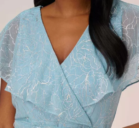 Adrianna Papell Floral Metallic Stencil Midi-Length Mermaid Dress With Capelet In Light Blue LIGHTBLUE Best Sale