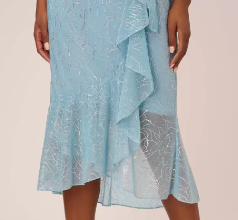 Adrianna Papell Floral Metallic Stencil Midi-Length Mermaid Dress With Capelet In Light Blue LIGHTBLUE Best Sale