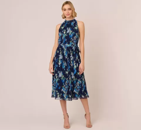 Adrianna Papell Floral Pleated Chiffon Dress With Mock Neckline In Navy Multi NAVYMULTI Fashion