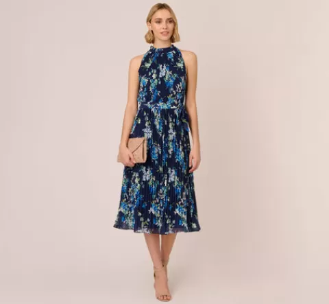 Adrianna Papell Floral Pleated Chiffon Dress With Mock Neckline In Navy Multi NAVYMULTI Fashion