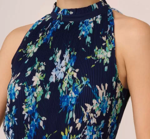 Adrianna Papell Floral Pleated Chiffon Dress With Mock Neckline In Navy Multi NAVYMULTI Fashion
