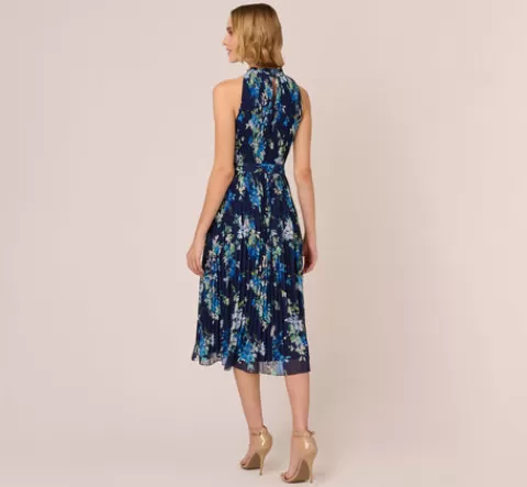 Adrianna Papell Floral Pleated Chiffon Dress With Mock Neckline In Navy Multi NAVYMULTI Fashion