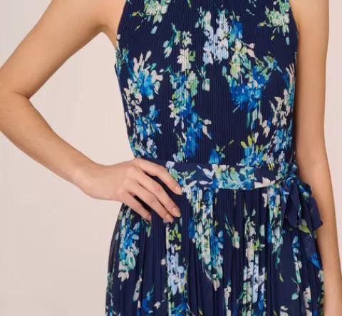 Adrianna Papell Floral Pleated Chiffon Dress With Mock Neckline In Navy Multi NAVYMULTI Fashion