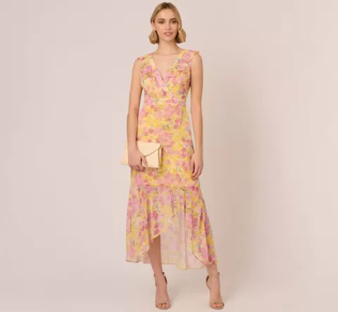 Adrianna Papell Floral Print Ankle Length Chiffon Dress With Ruffled Details In Yellow Multi YELLOWMULTI Online