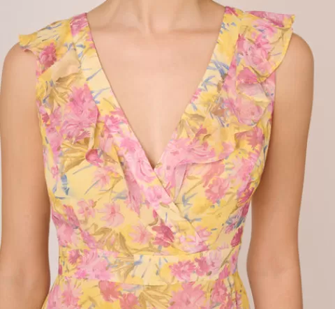 Adrianna Papell Floral Print Ankle Length Chiffon Dress With Ruffled Details In Yellow Multi YELLOWMULTI Online