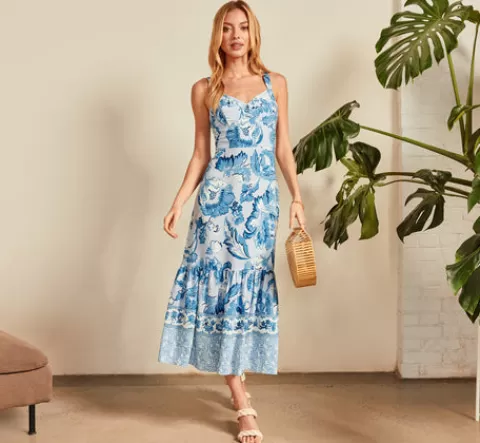 Adrianna Papell Floral Print Ankle Length Dress With Flounce Skirt In Light Blue Multi LIGHTBLUEMULTI Hot