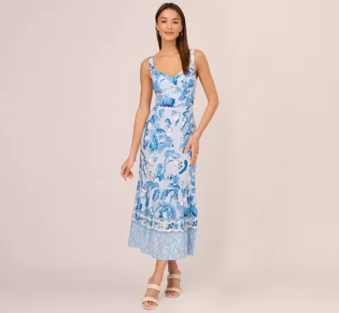 Adrianna Papell Floral Print Ankle Length Dress With Flounce Skirt In Light Blue Multi LIGHTBLUEMULTI Hot