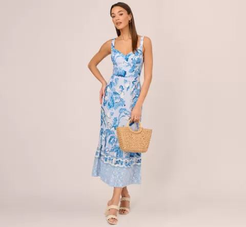 Adrianna Papell Floral Print Ankle Length Dress With Flounce Skirt In Light Blue Multi LIGHTBLUEMULTI Hot