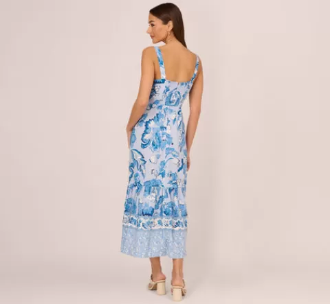 Adrianna Papell Floral Print Ankle Length Dress With Flounce Skirt In Light Blue Multi LIGHTBLUEMULTI Hot