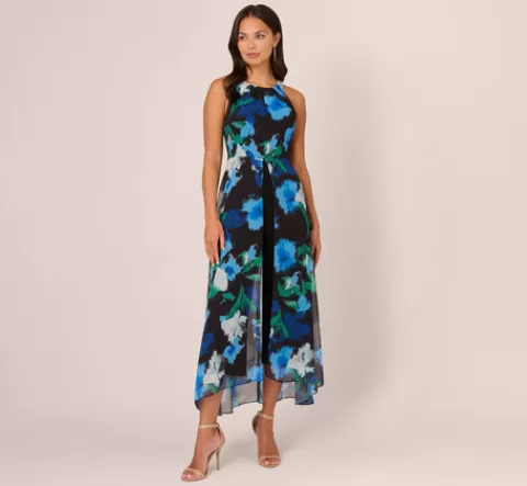 Adrianna Papell Floral Print Chiffon Cropped Jumpsuit With Wide Legs In Black Multi BLACKMULTI Fashion