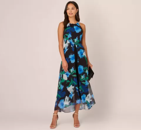 Adrianna Papell Floral Print Chiffon Cropped Jumpsuit With Wide Legs In Black Multi BLACKMULTI Fashion