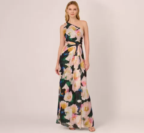 Adrianna Papell Floral Print Chiffon Gown With One Shoulder Neckline In Black Blush Multi BLACK-BLUSHMULTI Sale