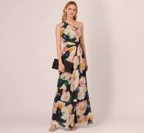 Adrianna Papell Floral Print Chiffon Gown With One Shoulder Neckline In Black Blush Multi BLACK-BLUSHMULTI Sale