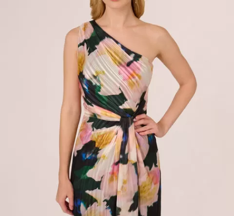 Adrianna Papell Floral Print Chiffon Gown With One Shoulder Neckline In Black Blush Multi BLACK-BLUSHMULTI Sale