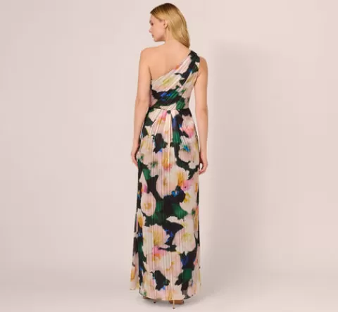 Adrianna Papell Floral Print Chiffon Gown With One Shoulder Neckline In Black Blush Multi BLACK-BLUSHMULTI Sale