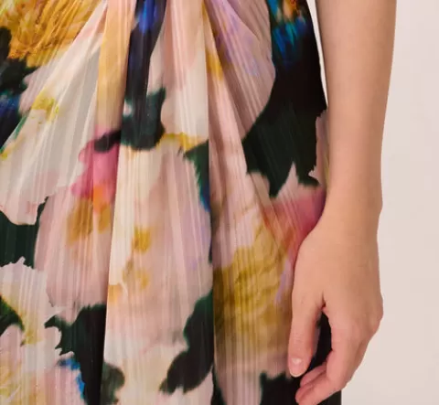 Adrianna Papell Floral Print Chiffon Gown With One Shoulder Neckline In Black Blush Multi BLACK-BLUSHMULTI Sale