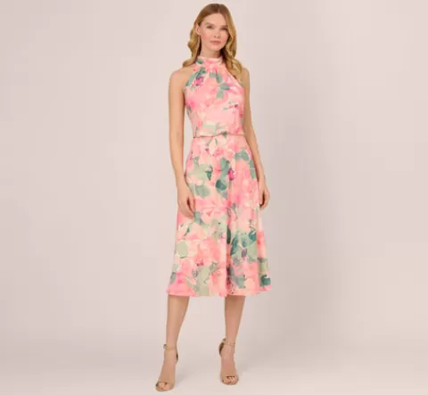 Adrianna Papell Floral Print Chiffon Halter Dress With Mock Neck In Blush Multi BLUSHMULTI Sale
