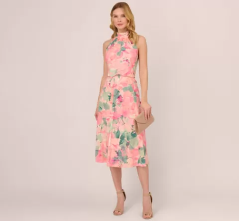 Adrianna Papell Floral Print Chiffon Halter Dress With Mock Neck In Blush Multi BLUSHMULTI Sale