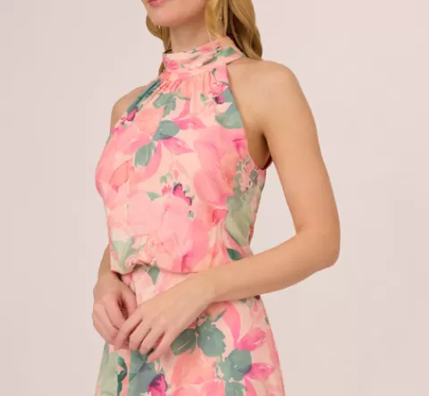 Adrianna Papell Floral Print Chiffon Halter Dress With Mock Neck In Blush Multi BLUSHMULTI Sale