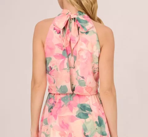 Adrianna Papell Floral Print Chiffon Halter Dress With Mock Neck In Blush Multi BLUSHMULTI Sale